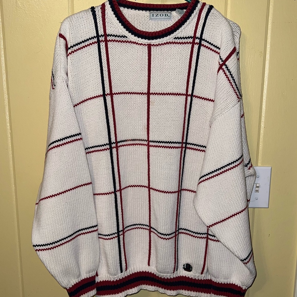 Izod 90s Preppy Vintage White Stripe Crewneck Classic Long Sleeve Sweater Size L - Picture 4 of 14